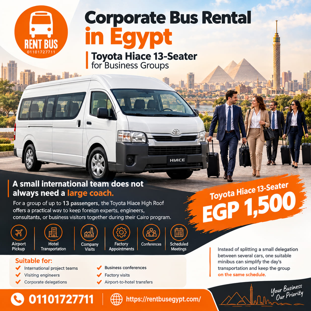 Corporate Bus Rental in Egypt | Toyota Hiace 13-Seater for Business Groups