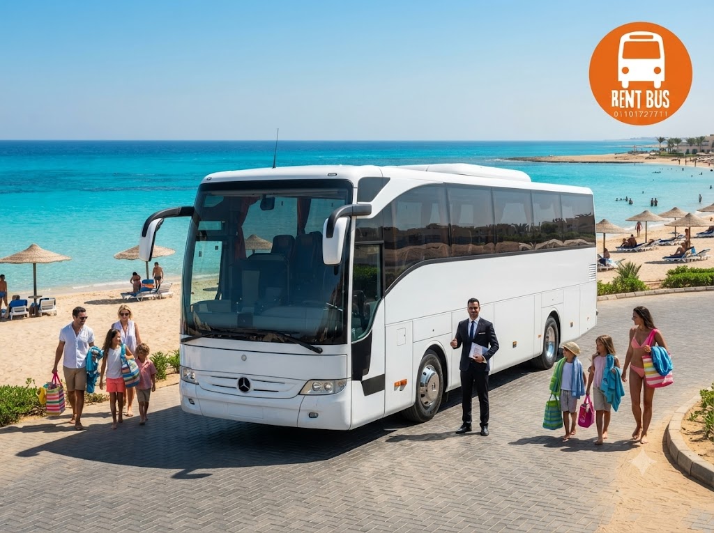 Mercedes 50 Seater Bus Rental Egypt | Alamein Day Use, Turquoise Beach, Luxury Tourist Coach with Driver – 10% July Discount