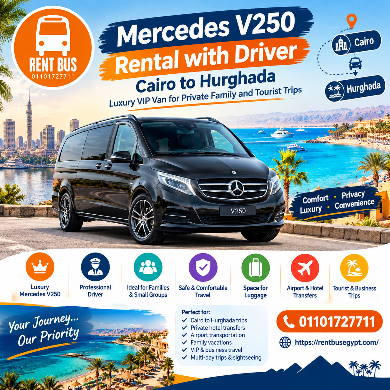 Mercedes V250 Rental with Driver in Cairo to Hurghada | Luxury VIP Van for Private Family...