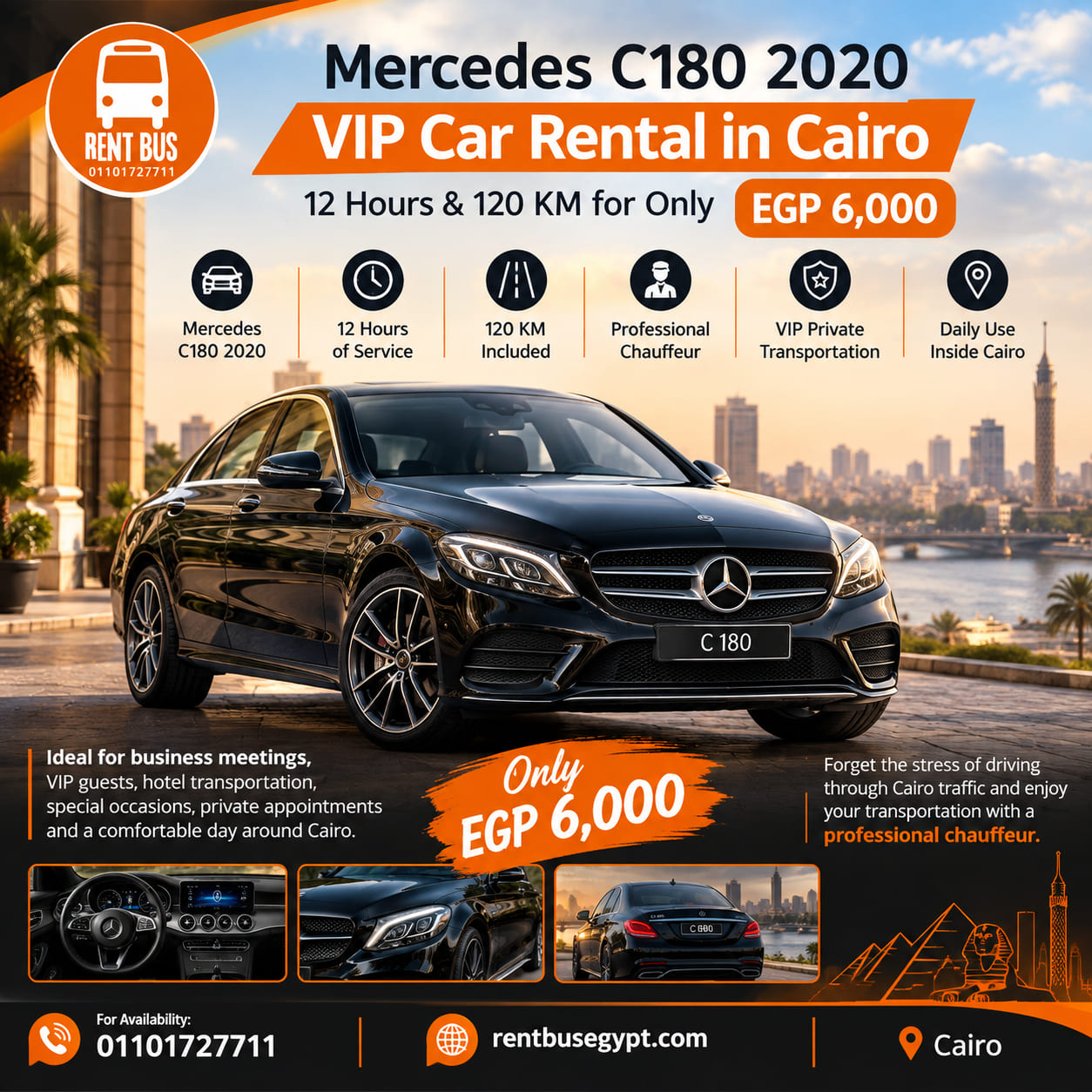 Mercedes C180 2020 VIP Car Rental in Cairo – 12 Hours & 120 KM for Only EGP 6,000