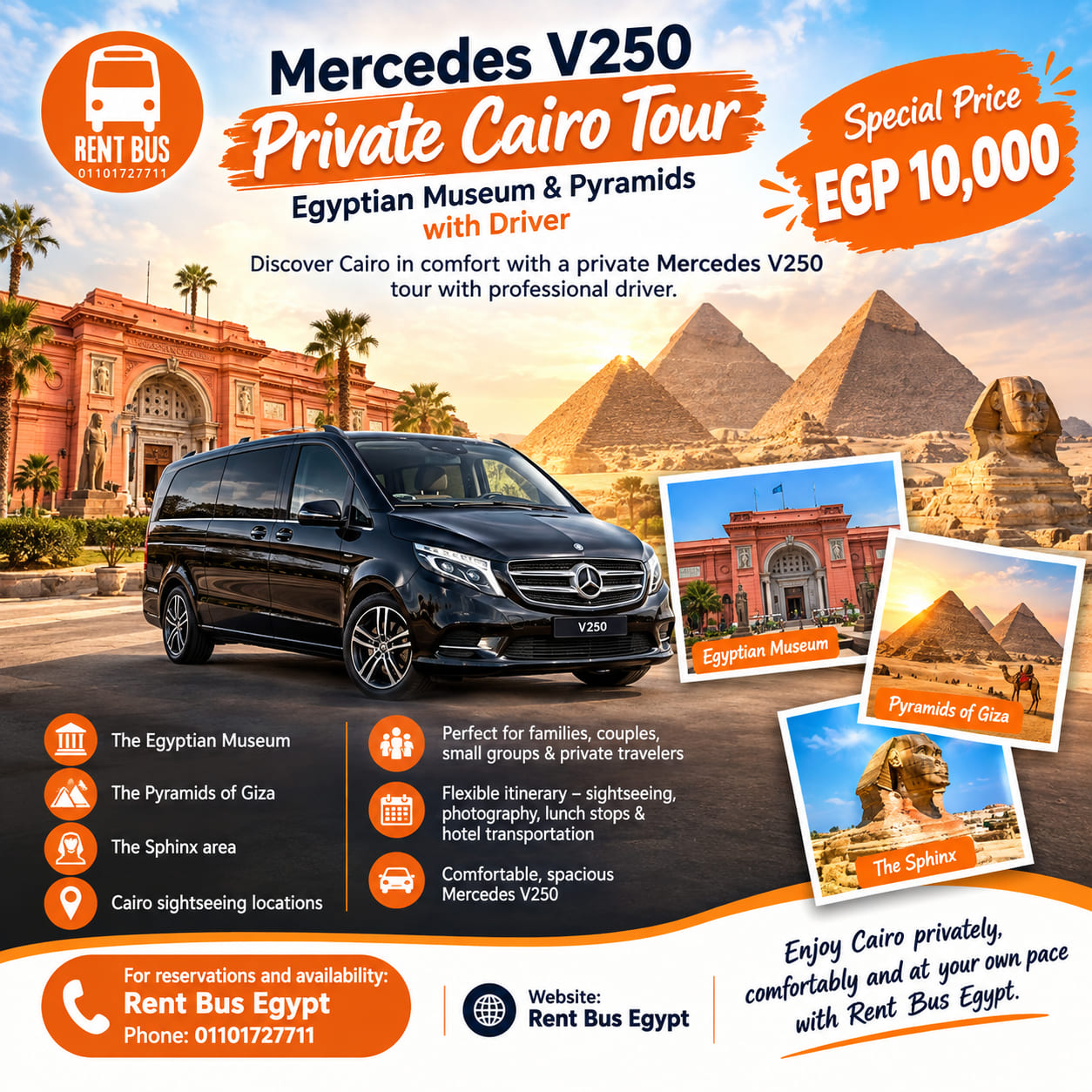 Mercedes V250 Private Cairo Tour – Egyptian Museum & Pyramids Sightseeing with Driver –...