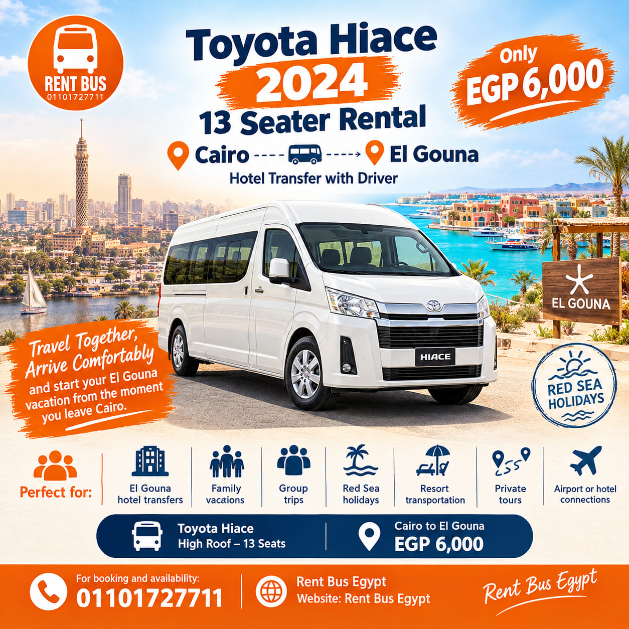 Toyota Hiace 13 Seater Rental from Cairo to El Gouna – Hotel Transfer with Driver – EGP 6,000